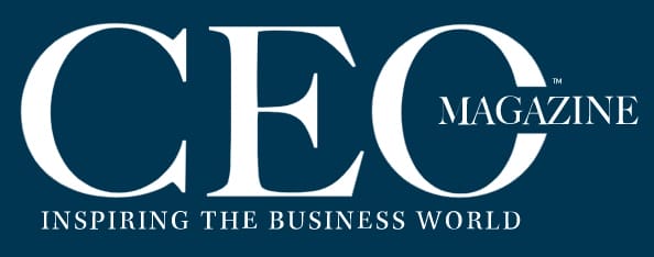 White Logo of CEO magazine with navy blue background.