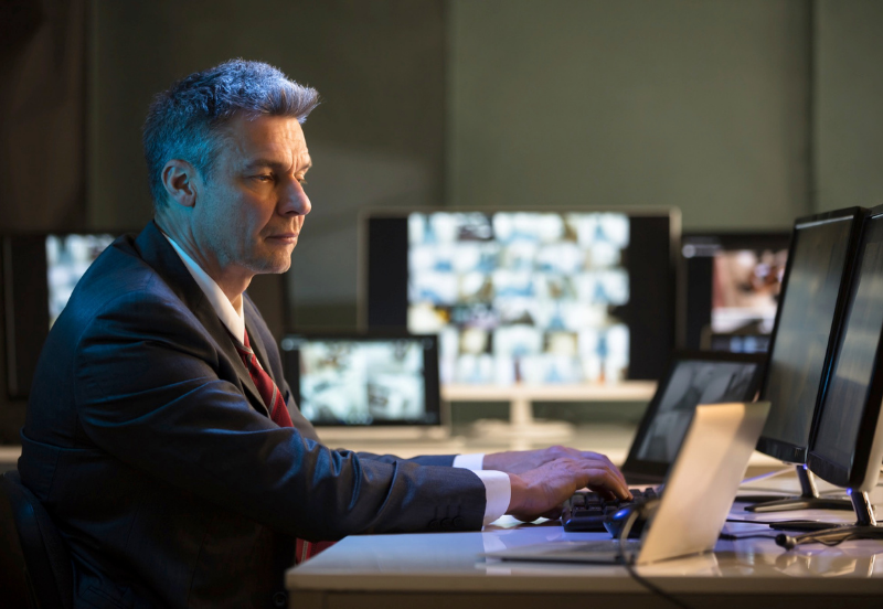loss prevention specialist checking a monitor