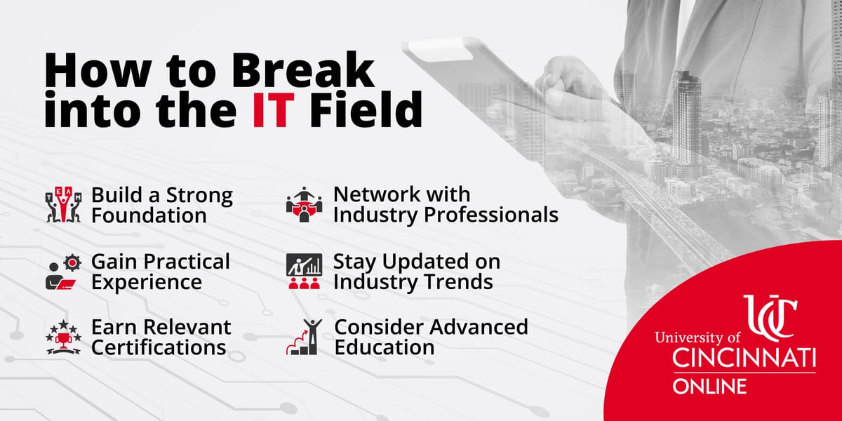 Infographic that shows 6 helpful tips for how to break into the information technology (IT) field