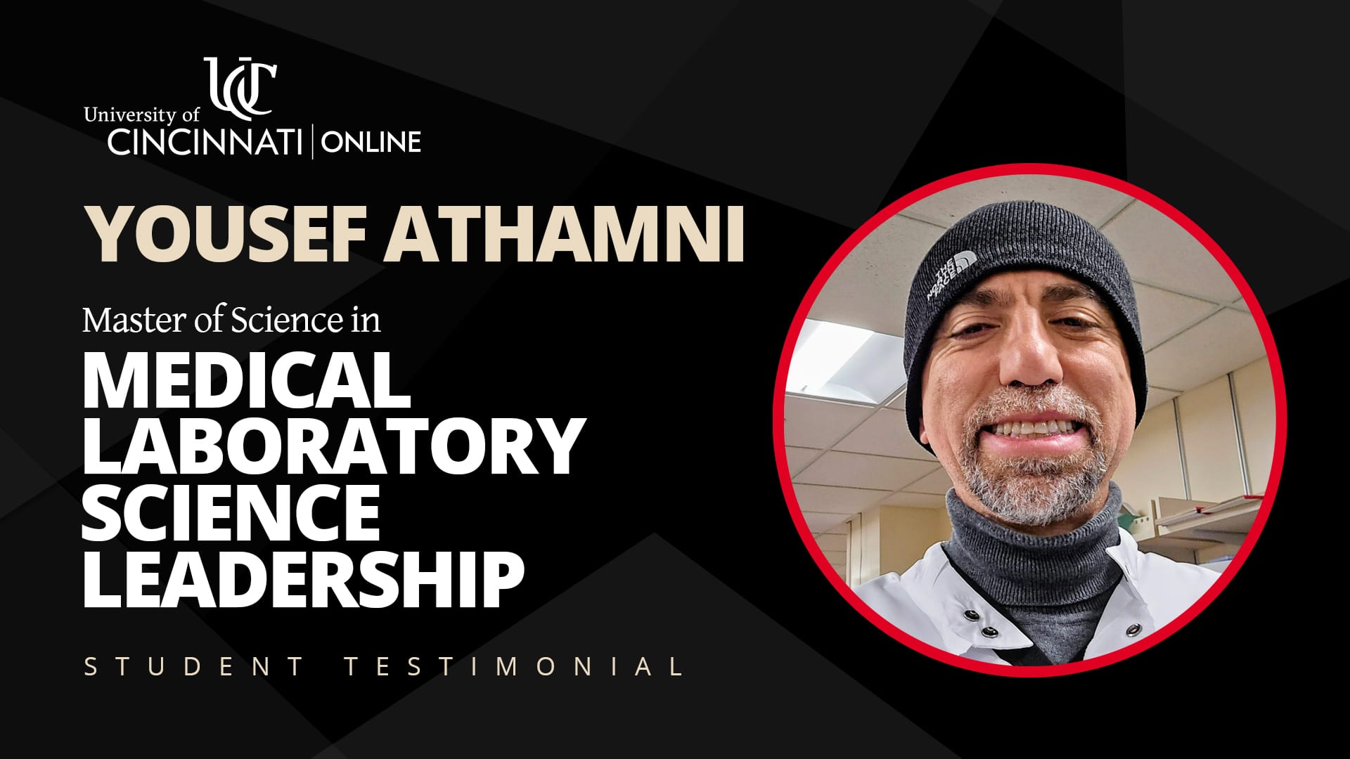 A picture of recent graduate Yousef Athamni is on a black background. Below his name, the text reads: "Master of Science in Medical Laboratory Science Leadership Student testimonial."