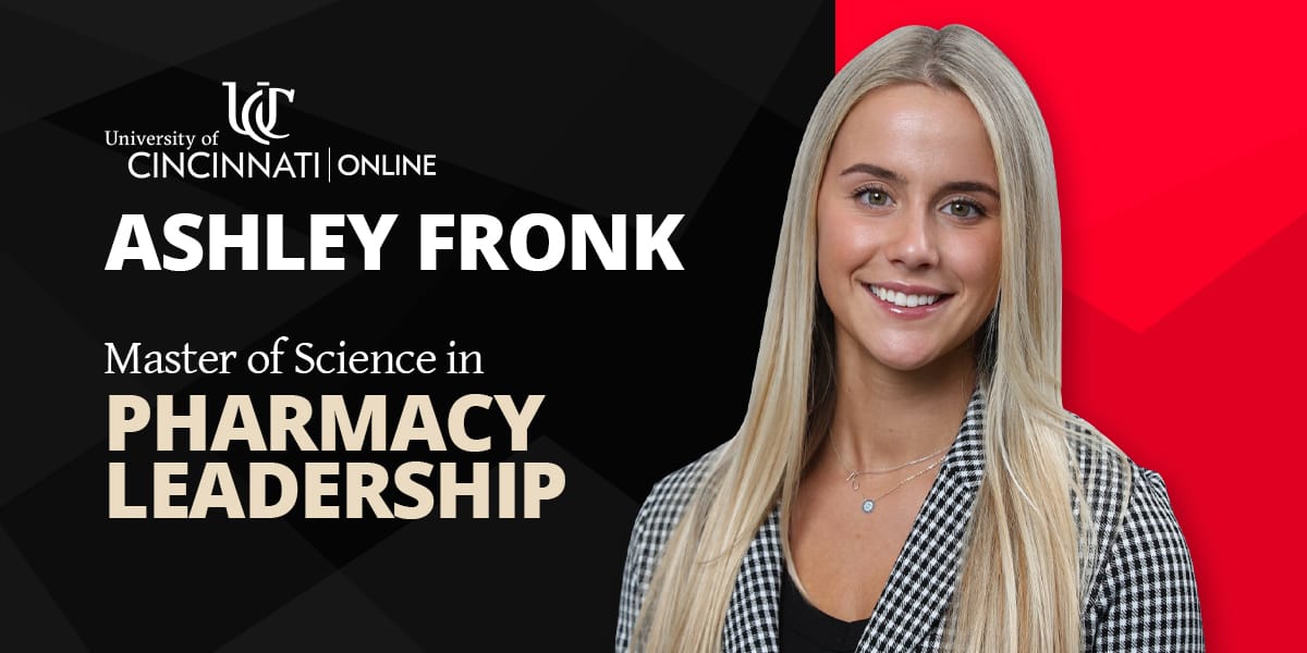 A blond woman smiles in front of a black and red background. The text reads: "Ashley Fronk. Master of Science in Pharmacy Leadership."