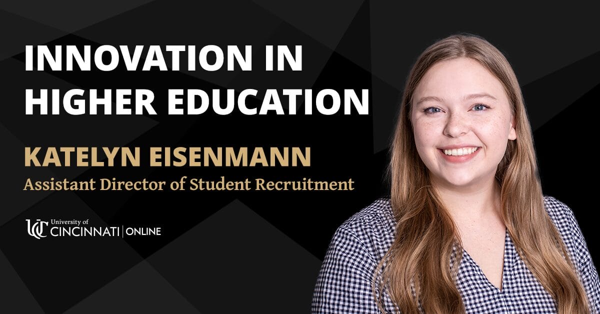 A blog header for a spotlight blog featuring Katelyn Eisenmann's headshot. She is smiling and has long dark blonde hair.