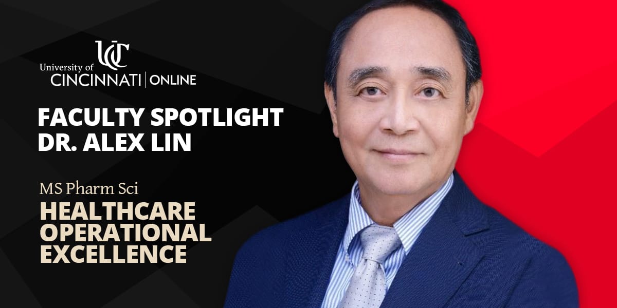A red and black blog header features Dr. Alex Lin, MS Pharm Sci Healthcare Operational Excellence program director.
